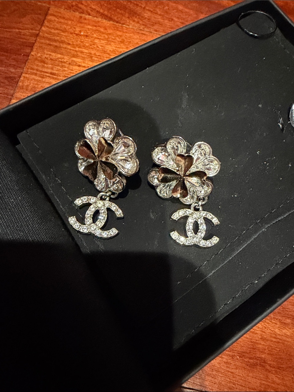 CHANEL Silver-Tone Crystal Floral Drop Earrings with CC Logo